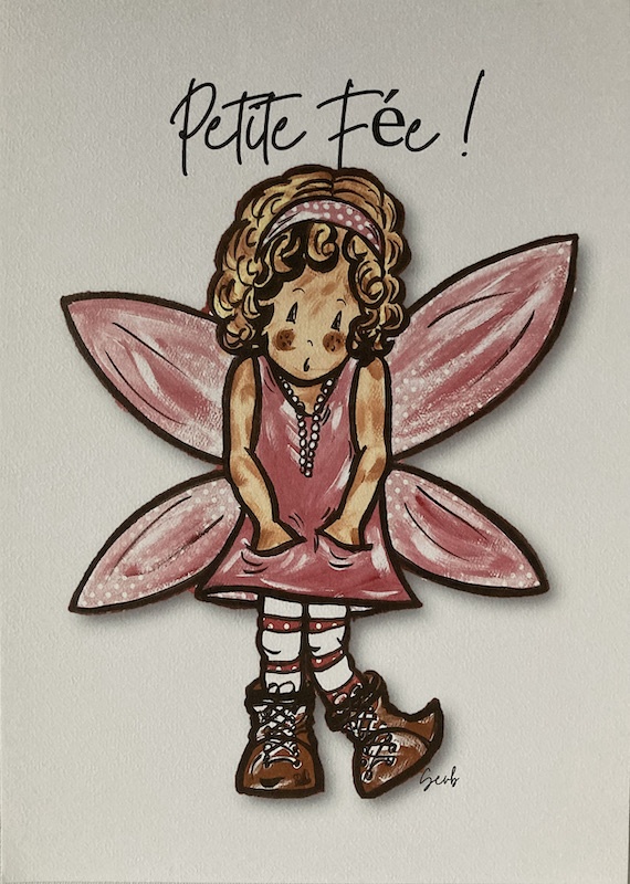 AFFICHE ENFANT FILLE PETITE FÉE ROSE À POIS AVEC SES AILES