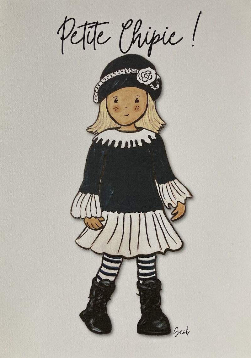 AFFICHE ENFANT FILLE PETITE FILLE MODÈLE BLEU MARINE ET BLANC BLONDE AVEC BONNET À FLEUR