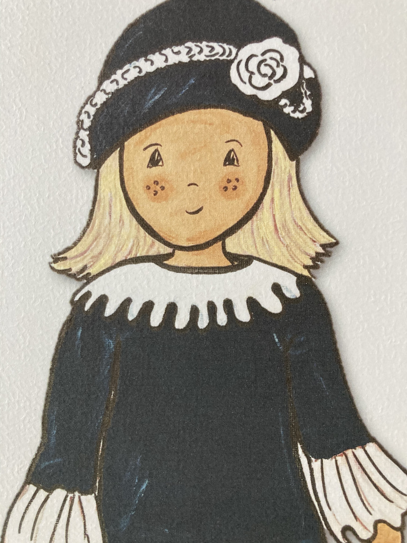 AFFICHE ENFANT FILLE PETITE FILLE MODÈLE BLEU MARINE ET BLANC BLONDE AVEC BONNET À FLEUR – Image 3