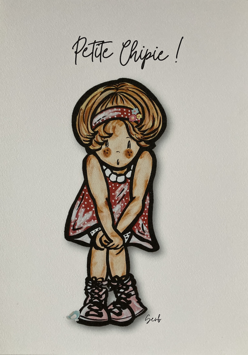 AFFICHE ENFANT FILLE PETITE CHIPIE BLONDE ET ROSE ET SON OISEAU