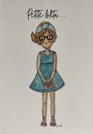 AFFICHE ENFANT FILLE PETITE LOLITA BLEUE À POIS BLANC ET LUNETTES