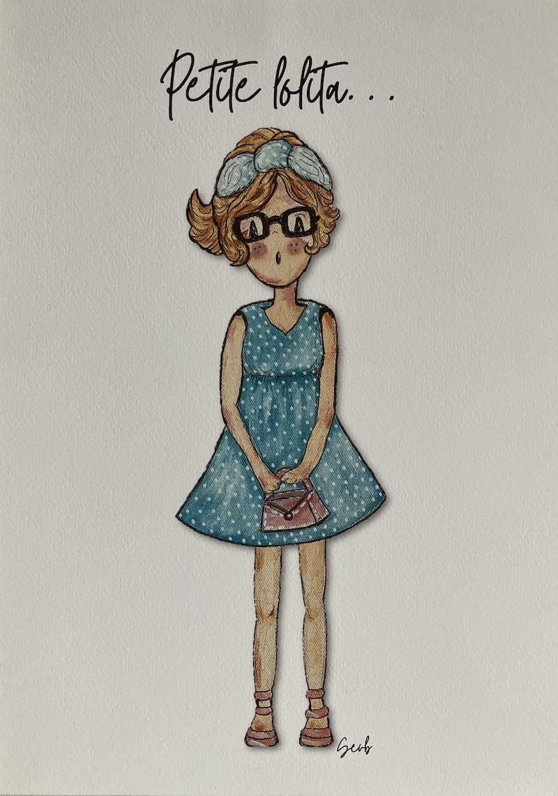 AFFICHE ENFANT FILLE PETITE LOLITA BLEUE À POIS BLANC ET LUNETTES