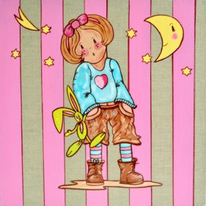 Tableau déco chambre d'enfant Fille ORIGINALE Grand Format PETITE LOLITA ET SON DOUDOU LAPIN VERT ANIS
