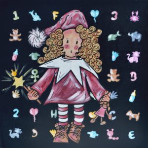 Tableau déco chambre d'enfant Fille ORIGINALE Grand Format PETITE FÉE LUTINE ARDOISE ET SES JOUETS