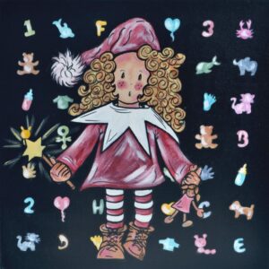 Tableau déco chambre d'enfant Fille ORIGINALE Grand Format PETITE FÉE LUTINE ARDOISE ET SES JOUETS