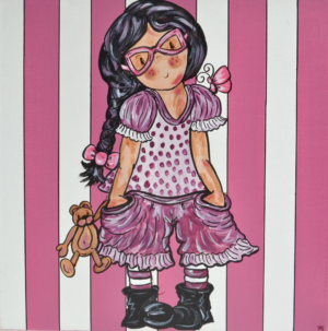Tableau déco chambre d'enfant Fille ORIGINALE Grand Format PETITE LOLITA BRUNE À LUNETTES ET TRESSES