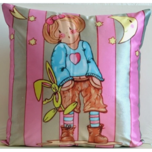 COUSSIN ENFANT EN SÉRIES LIMITÉES D'APRÈS SEVB PETITE CHIPIE ET SON LAPIN VERT ANIS, ARRIÈRE FUSHIA