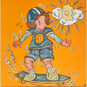 Tableau déco chambre d'enfant GARÇON ORIGINALE Grand Format MON PETIT SKATEUR FOND JAUNE ORANGÉ