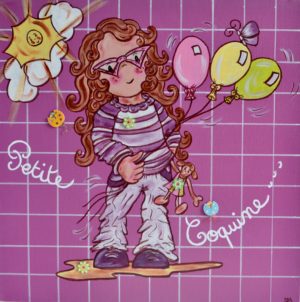 Tableau déco chambre d'enfant Fille ORIGINALE Grand Format PETITE COQUINE À LUNETTES ET SES BALLONS